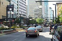 Image looking west down Jasper Avenue showing the major financial centers in Edmonton